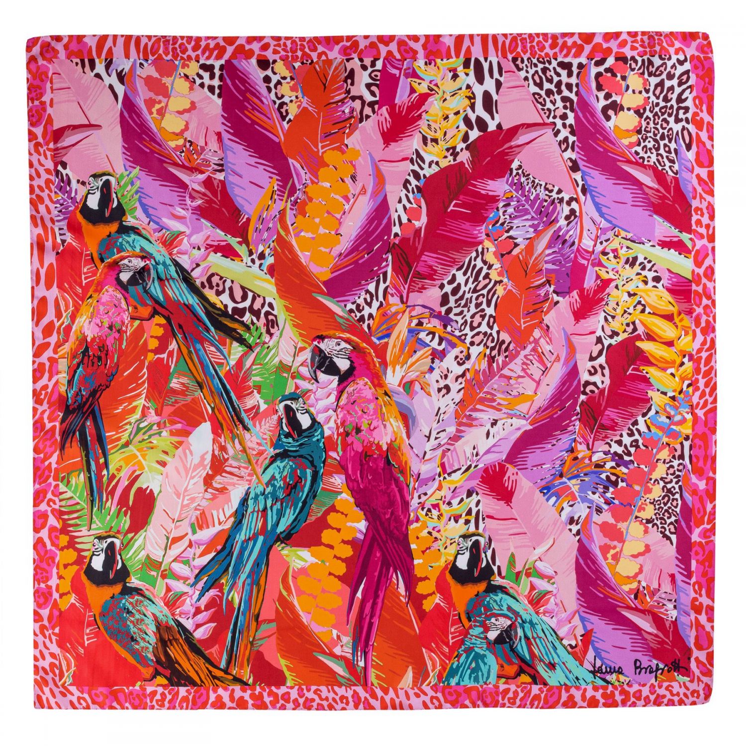 Silk scarf Party Parrots Pink