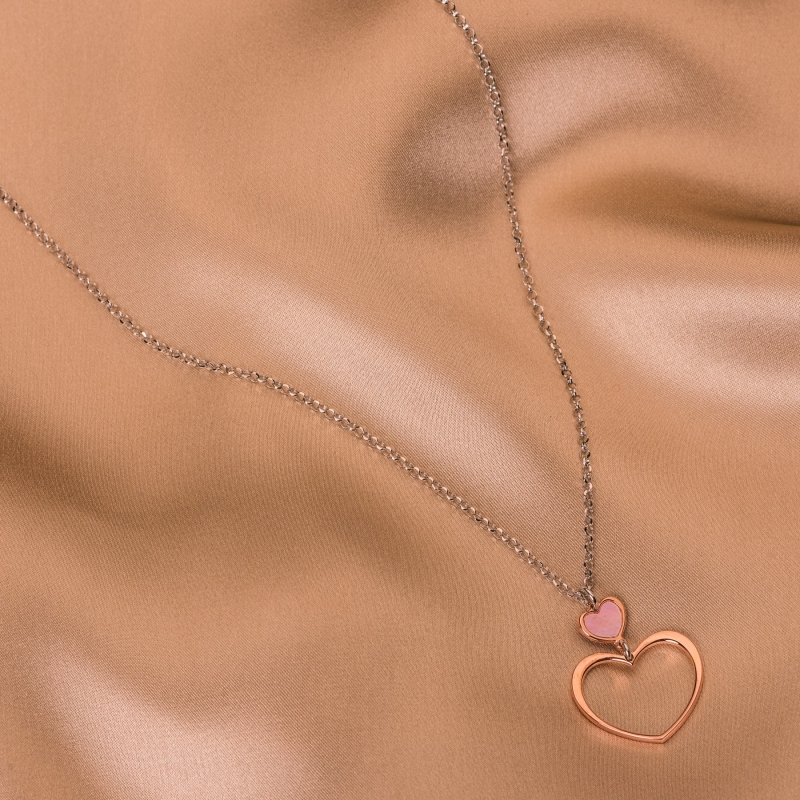 Set Esarfa matase Japanese flowers pale pink si Colier argint 2 Hearts pink