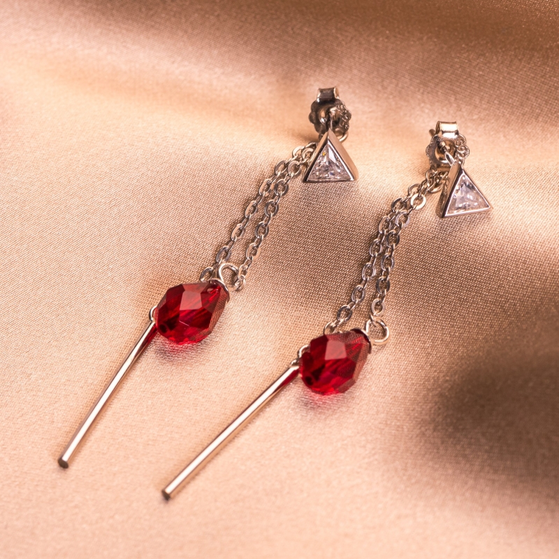 Set Esarfa matase Donna dei Fiori Red si Cercei argint Cristal Siam Red