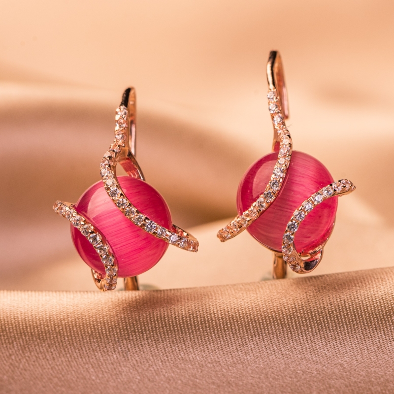 Set Esarfa matase S Graphic Dance purple si Cercei argint Zirconia Dark Pink Eye Cat