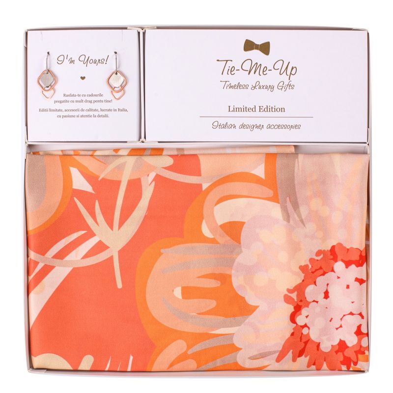 Gift Silk Scarf twill Coral Flower Kiss and Silver Earings Everyday Look