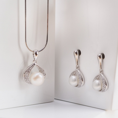 Set argint cercei si pandant White Pearls Drops