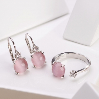 Set Cercei si Inel reglabil argint Light Pink Eye Cat