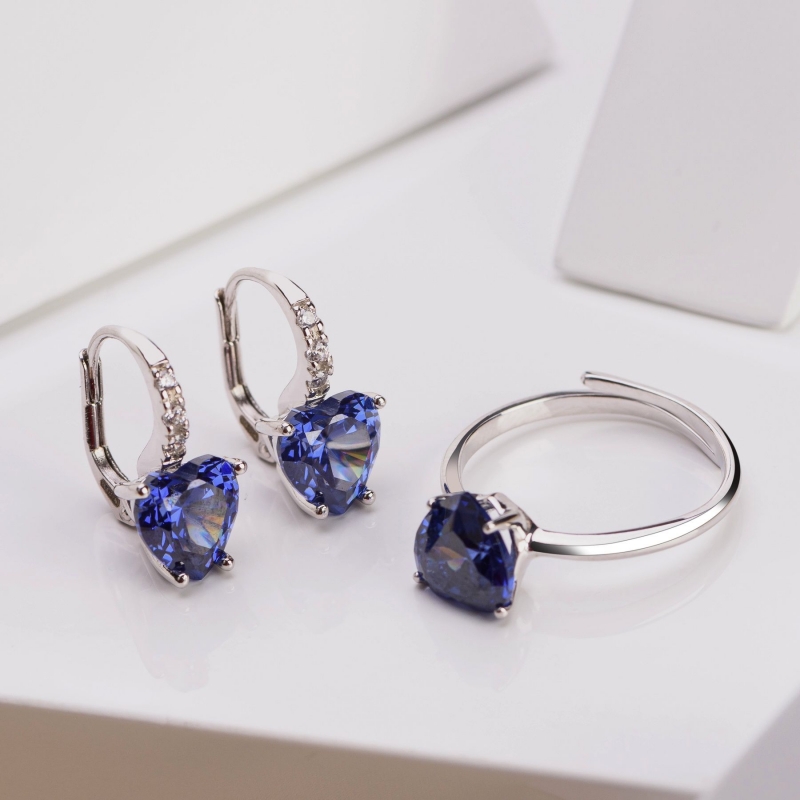 Set Cercei si Inel reglabil argint Tanzanite Heart