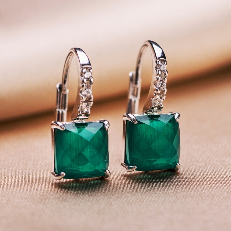 Gift Sterling 925 Silver Earrings and Ring Scarlet Emerald Cat Eye