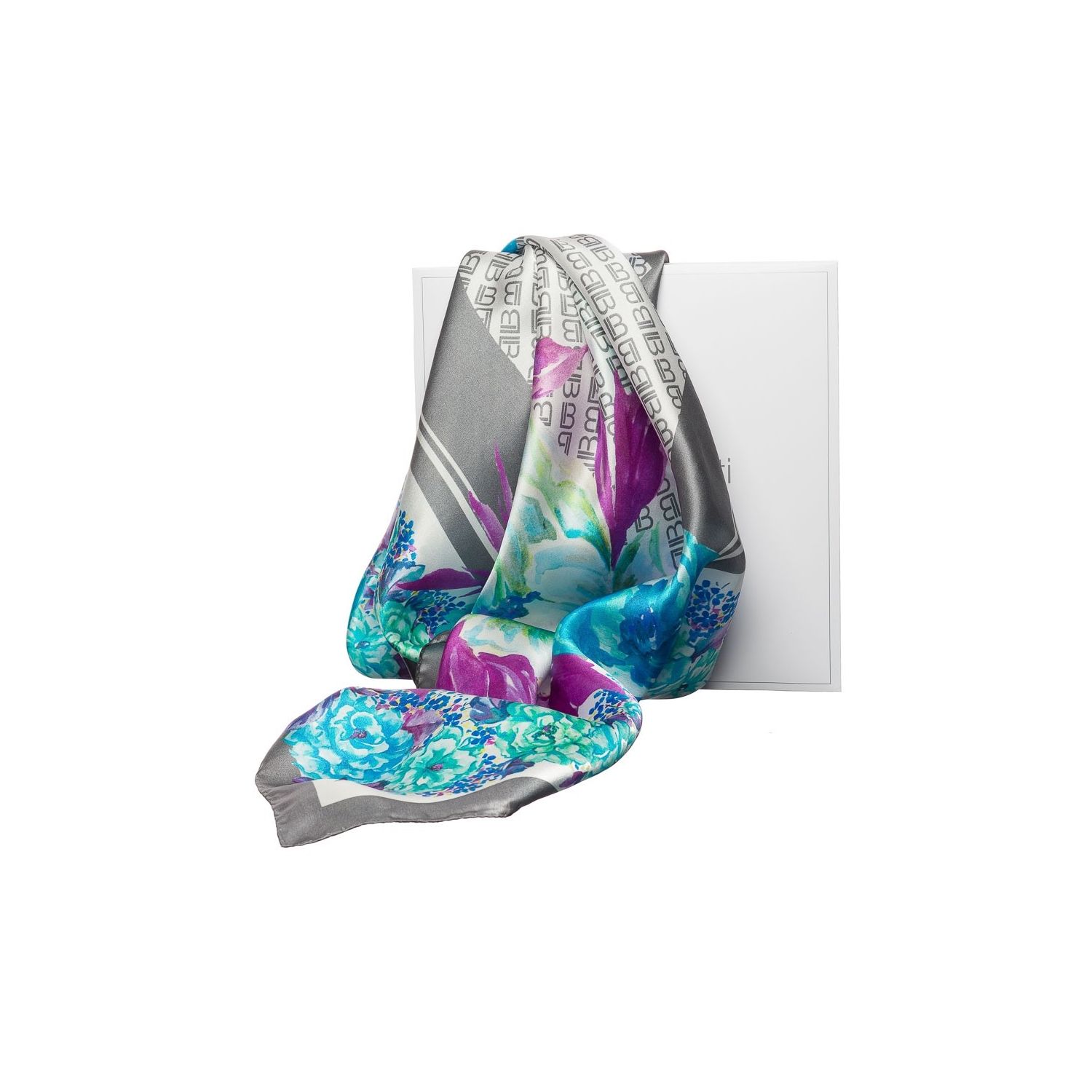 Cadou: Eşarfă pătrată L. Biagiotti flori în colţ blu cu fundiţă