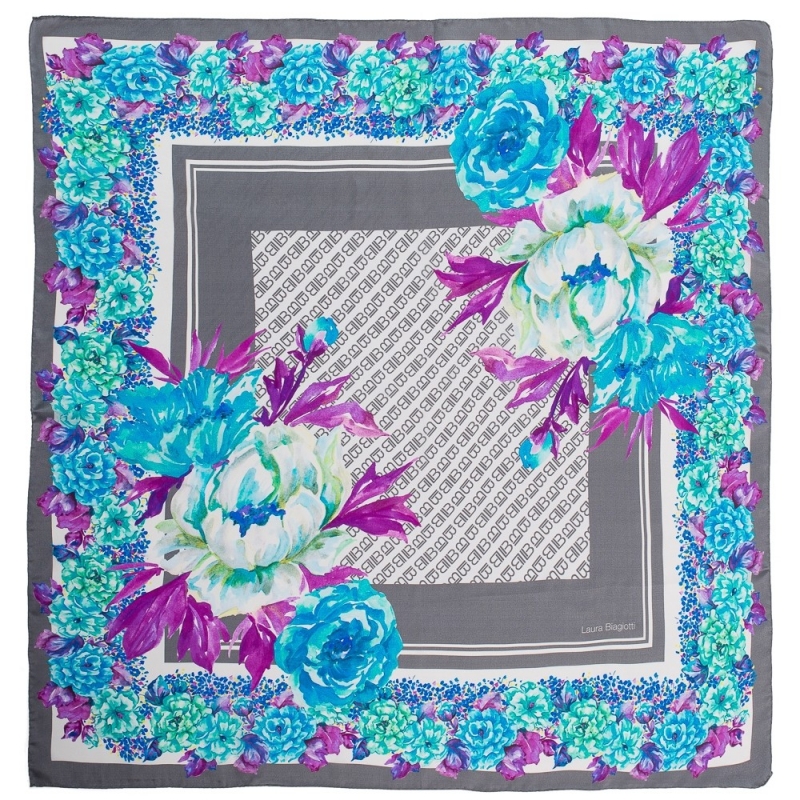 Gift: L. Biagiotti Corner blue Flowers Squared Scarf with Bow