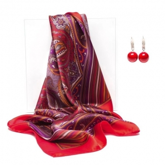 Set Esarfa Marina D`Este paisley Maddalena si cercei argint coral rosu