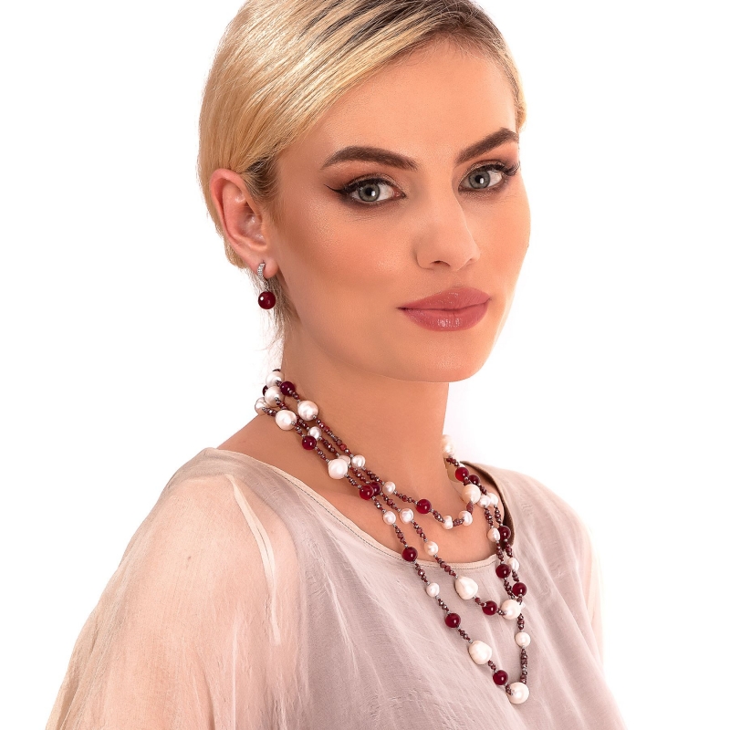 Colier lung agate Ruby si perle mari de cultura