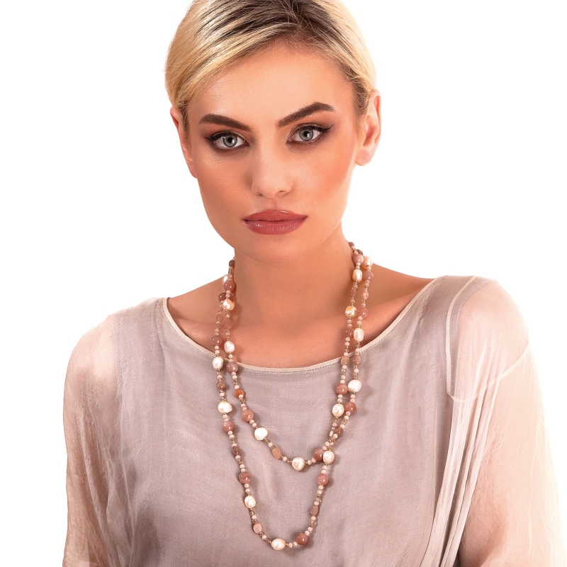 Colier lung morganit, agate nude, perle