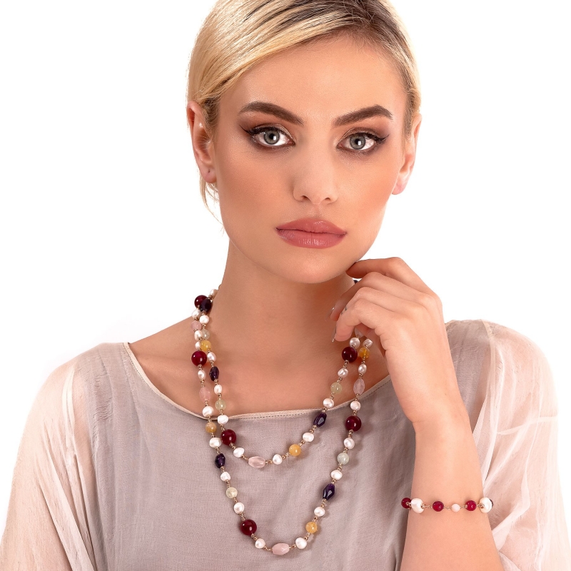 Colier lung agate, ametist, cuart, perle