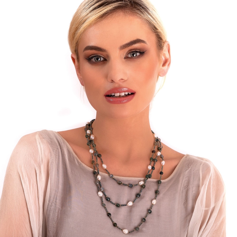 Colier lung agate dantela verde, perle