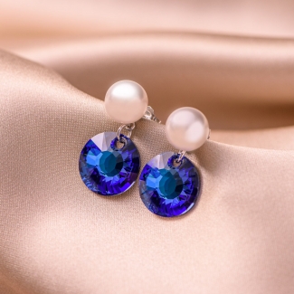 Sterling Silver Earrings Pearl Cristal Blue Swarovski
