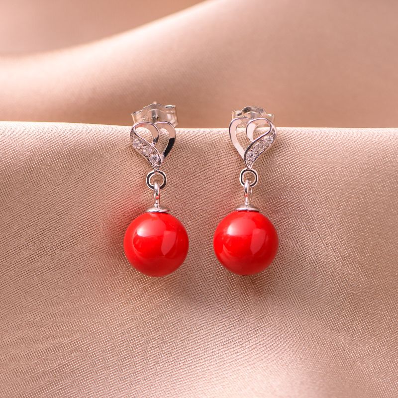 Sterling Silver Earrings Heart red shell