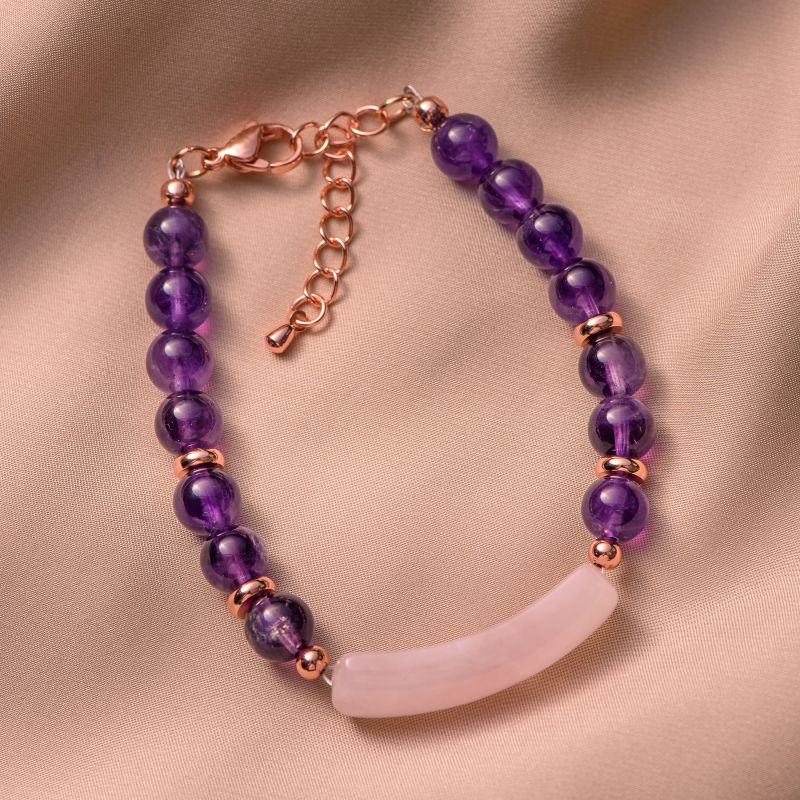 Bracelet amethyst, pink quartz link