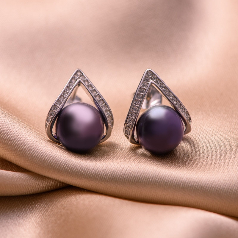 Set colier, bratara si cercei argint perle negre-indigo