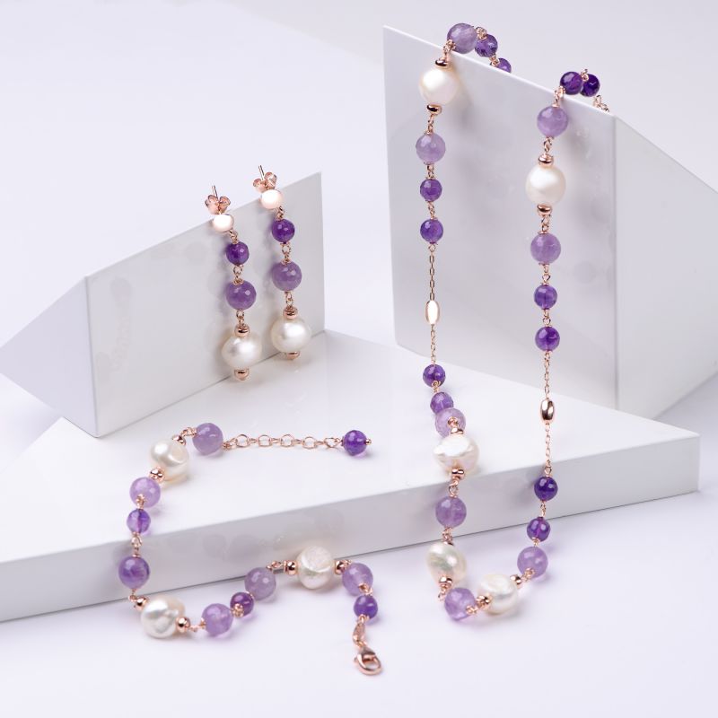 Gift Sterling 925 Silver Earrings, Necklace and Bracelet with amethyst and pearls