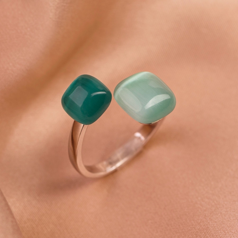 Inel reglabil argint Green Tiffany Cat Eye