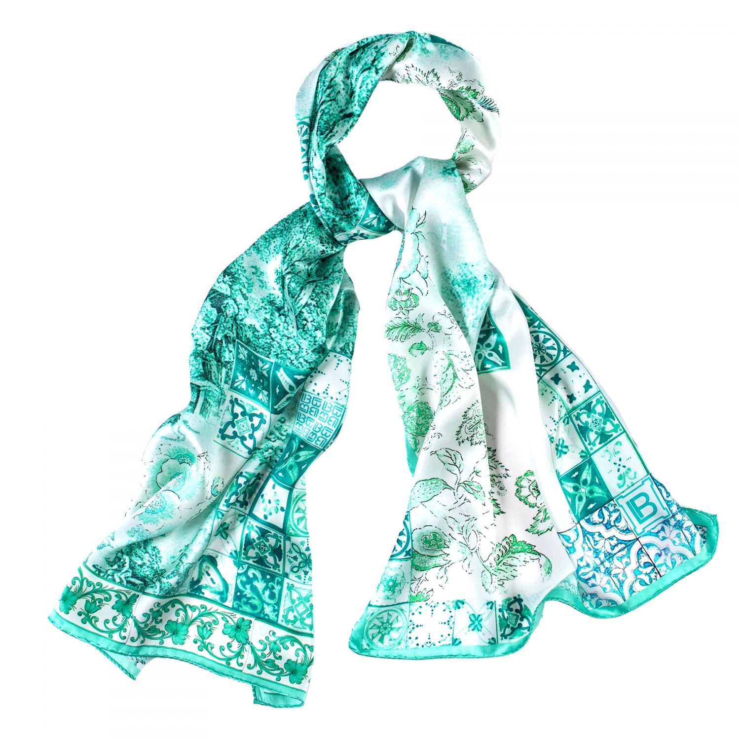 Silk shawl Azulejo mint