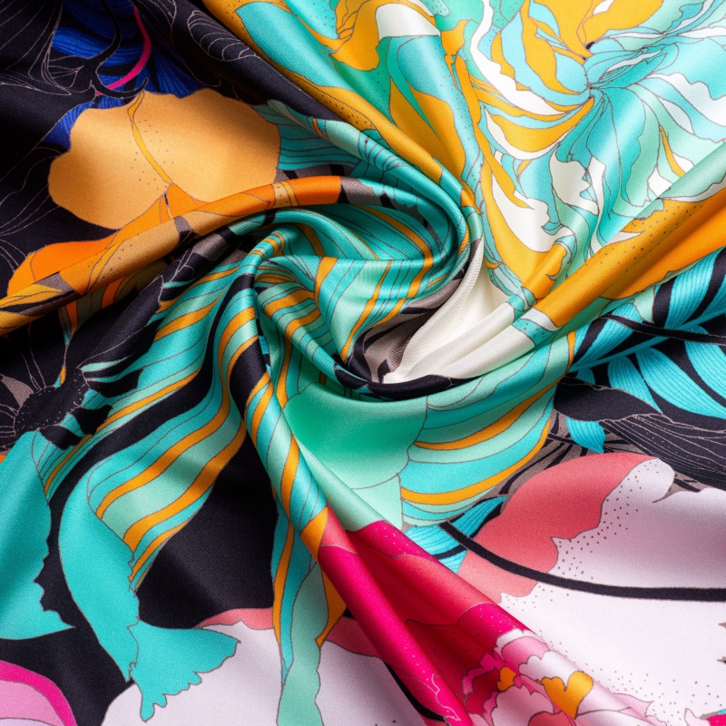 Silk scarf twill Japanese flowers black