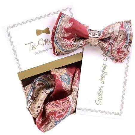 Luxury gifts for men: natural silk bowtie and handkerchief MC Paisley Marsala