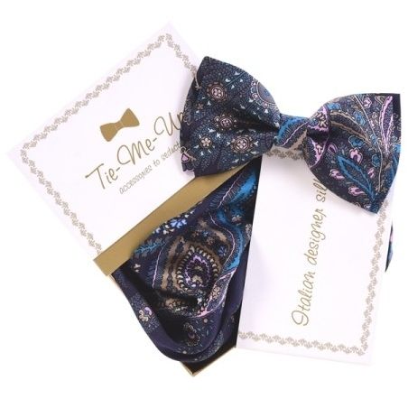  Luxury gifts for men: natural silk bowtie and handkerchief Paisley navy