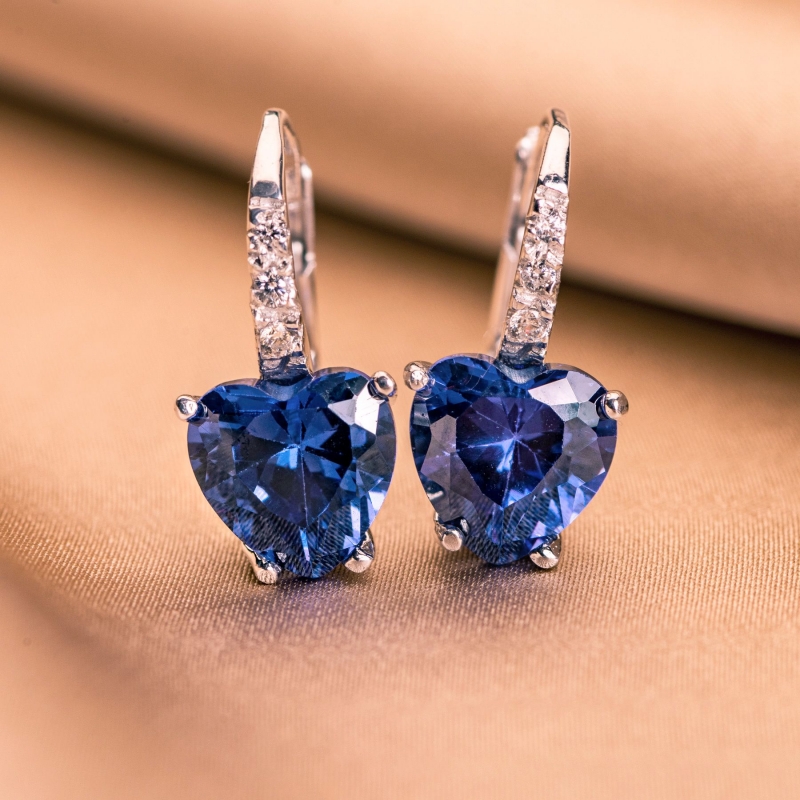 Set Esarfa matase Flower Kiss blu si Cercei argint Tanzanite Heart