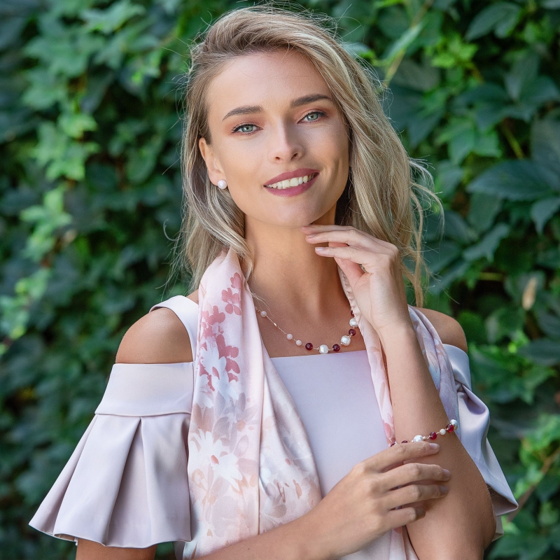 Set cercei si colier din argint agate ruby, cuart roz, perle