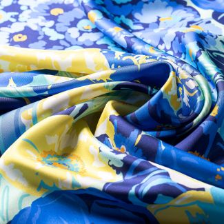 Silk scarf twill Floral Euphoria blue