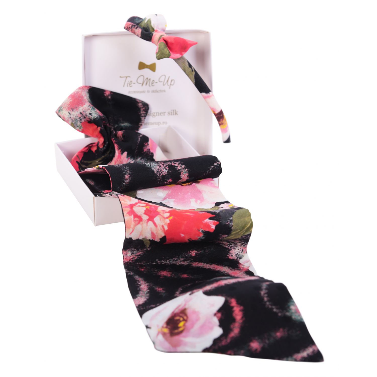 CADOU: Eşarfă mătase naturală cu volan şi Headband Roses Crush