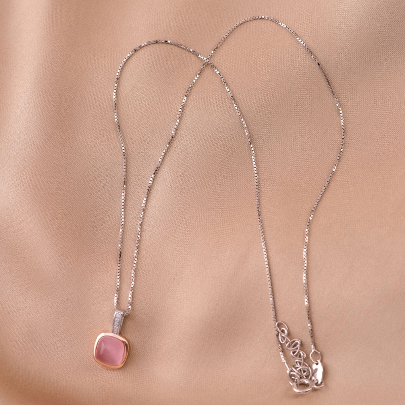 Colier argint Iconic Pink Milky Cat Eye