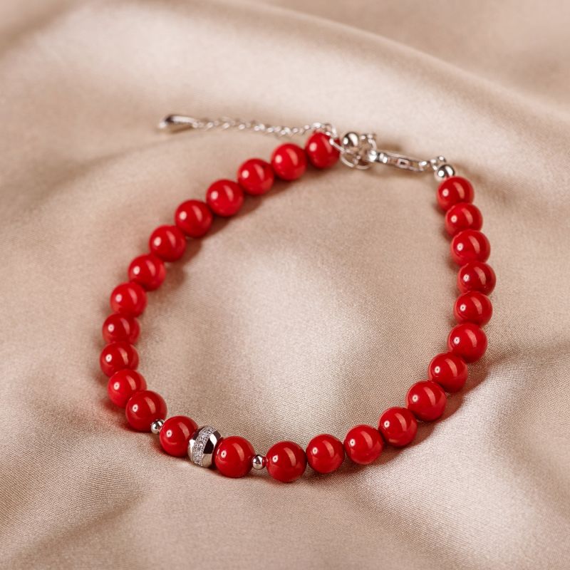Sterling Silver Bracelet red coral and charm