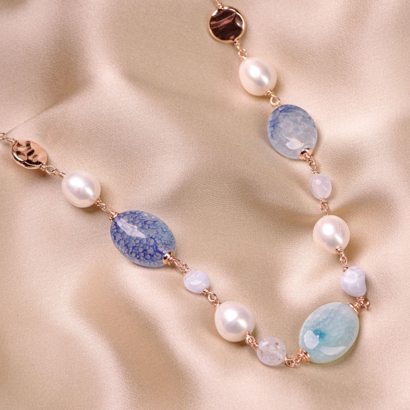 Colier argint roz calcedonie si agate