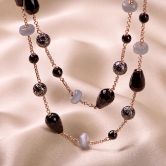 Colier argint roz Grey Cat Eye, agate negre, pietre de lava