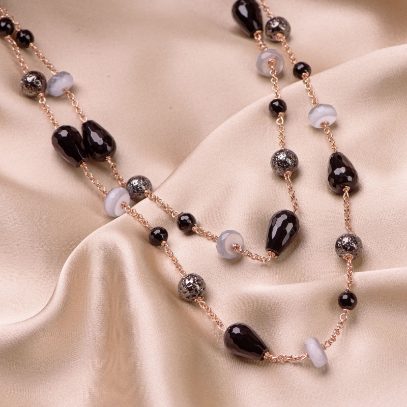 Colier argint roz Grey Cat Eye, agate negre, pietre de lava
