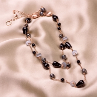 Colier argint roz Grey Cat Eye, agate negre, pietre de lava
