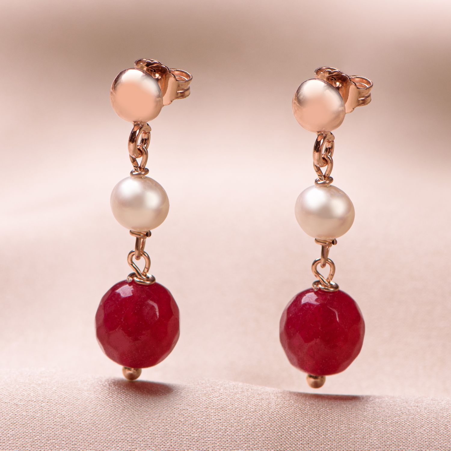 Sterling Silver pink Earrings with jade red and pearl