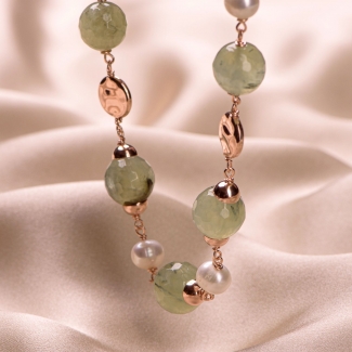 Sterling Silver pink Necklace natural pearls and prehnit