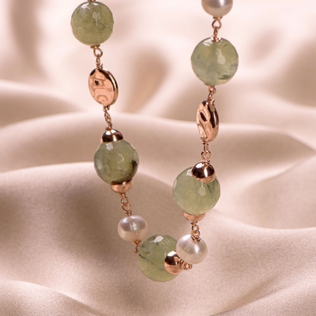 Sterling Silver pink Necklace natural pearls and prehnit