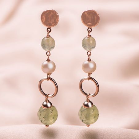 Sterling Silver pink Earrings natural pearls and prehnit