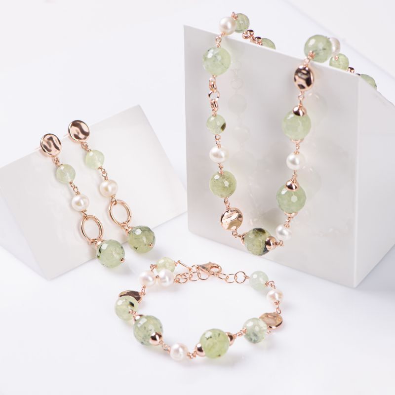 Gift Sterling 925 Silver pink Earrings, Necklace and Bracelet natural pearls and prehnit
