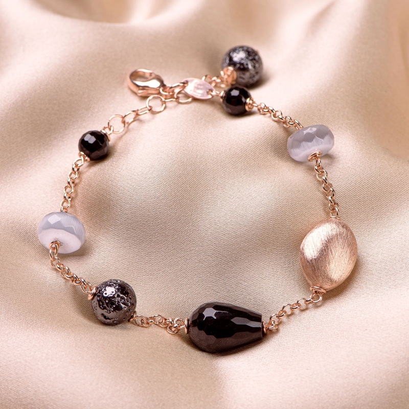 Set bratara si colier argint roz Grey Cat Eye, agate negre, pietre de lava