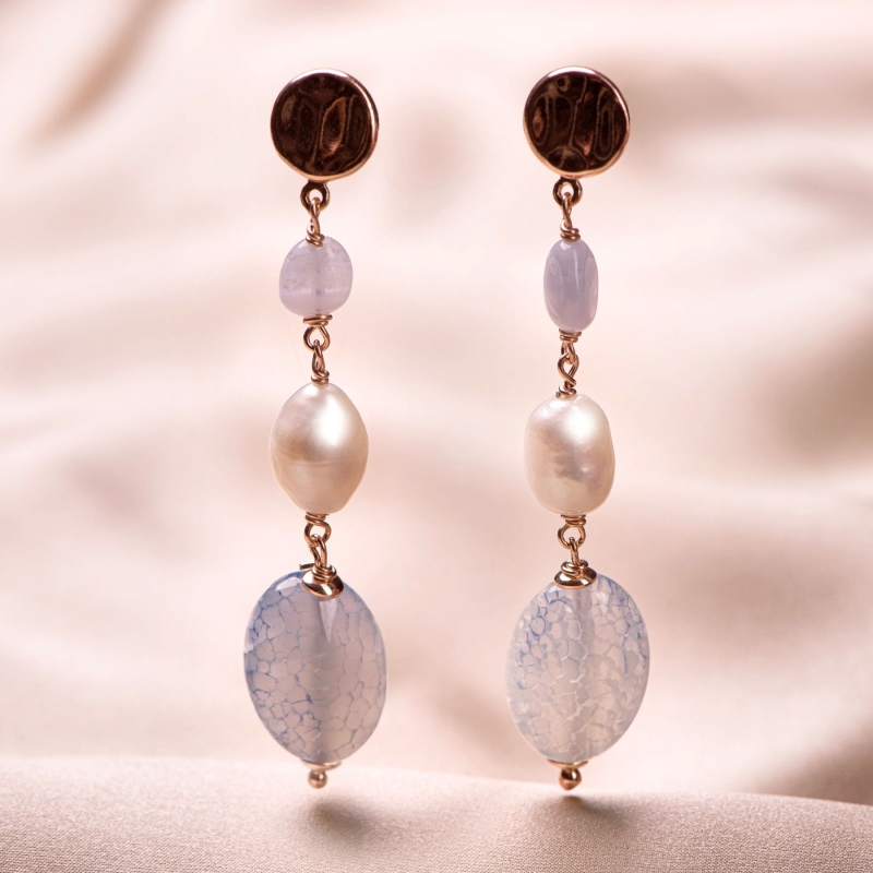 Gift Sterling 925 Silver pink Earrings and Necklace chalcedony and agate