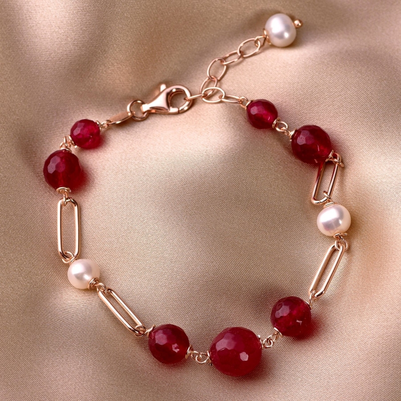 Bratara argint roz jad rosu si perle naturale