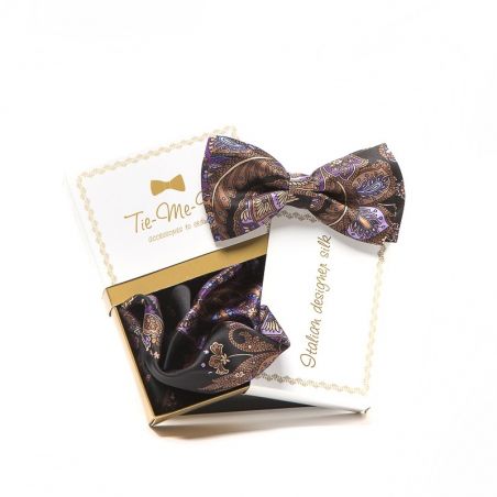 GIFT : Set handkerchief silk bow tie with black and purple paisley