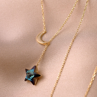 Sterling Silver Necklace Solitaire Moon & Star