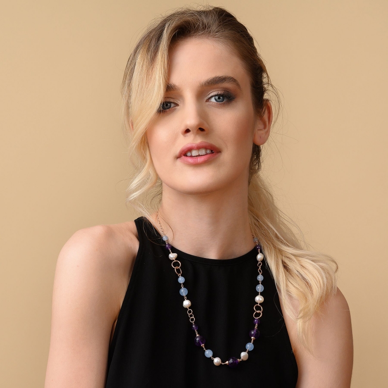 Colier argint roz ametist, perle naturale, jad