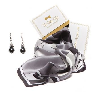 GIFT: Laura Biagiotti scarf abstract black and silver earrings and pearl gray hematite