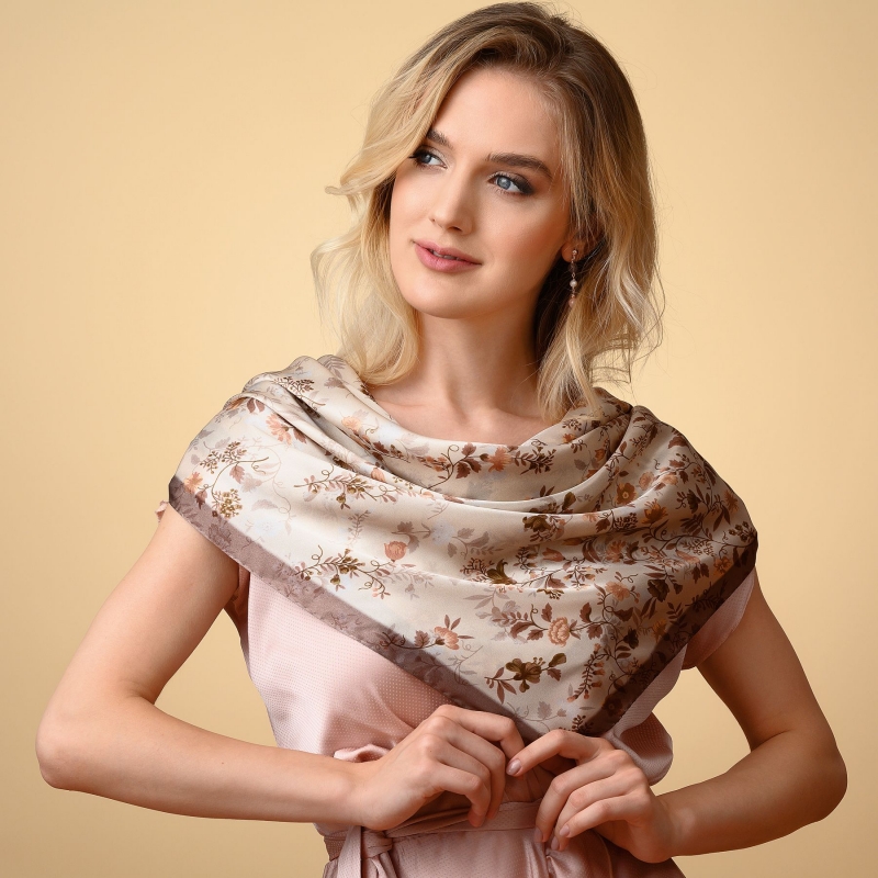 Silk scarf Be Delicious latte flowers