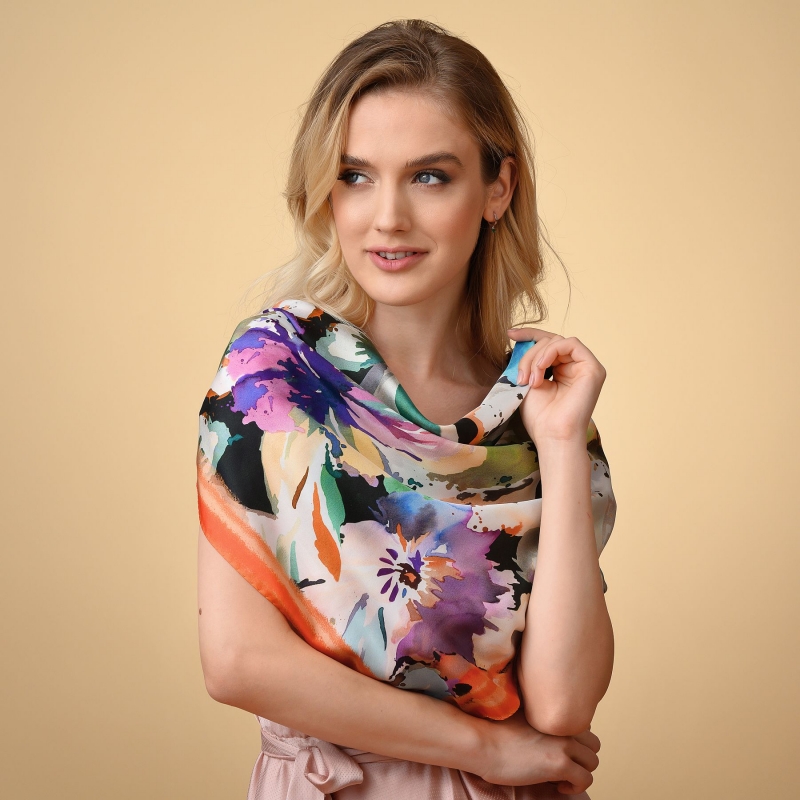 Esarfa matase twill Happy Flowers Aquarela orange